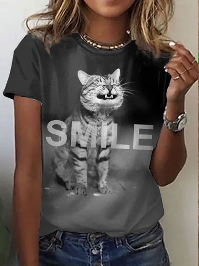Women's Funny Cat Print Crew Neck Short Sleeve Casual Tee
