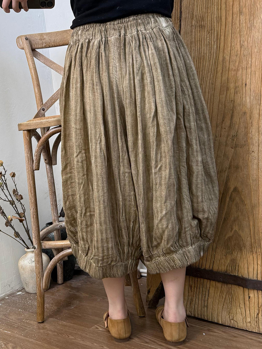 Women Summer Retro Stripe Linen Cropped Bloomers