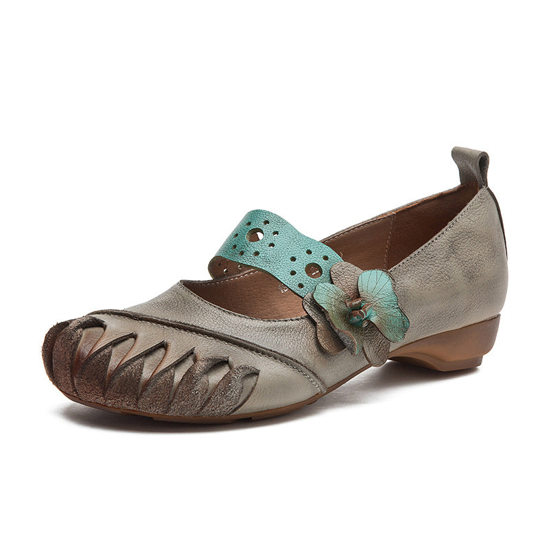 Vintage Color Block Cowhide Mary Jane Flats with Flower Strap in Grey/Purple