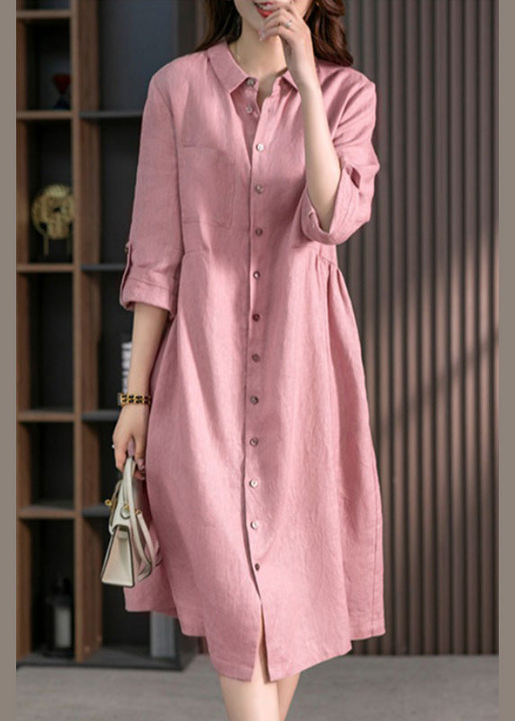 Casual Pink Peter Pan Collar Button Wrinkled Cotton Maxi Dresses Long Sleeve Fall