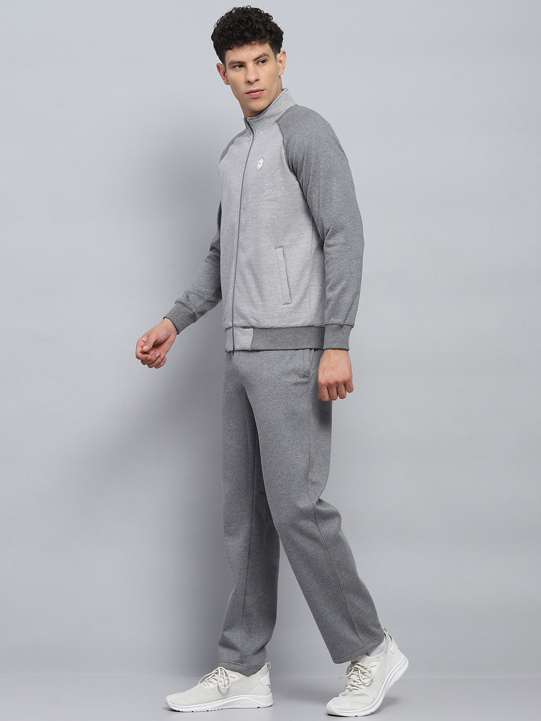 Men Grey Solid Mock Neck Full Sleeve Winter Tracksuit