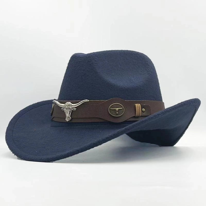 Top Hat Ethnic Style Cow Label Western Cowboy Top Hat Roll-brim Retro Riding Hat Woolen Felt Hat