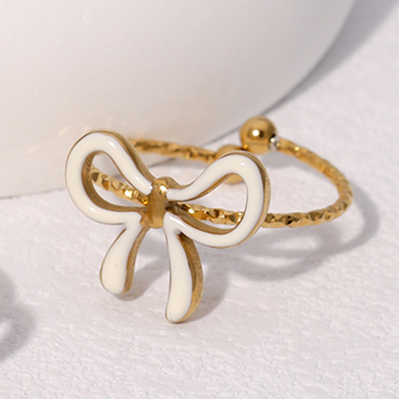 Fashionable Simple Cute Sweet Ins-Style Gold-Plated Bow-Knot Open Stainless Steel Ring Jewelry For Women