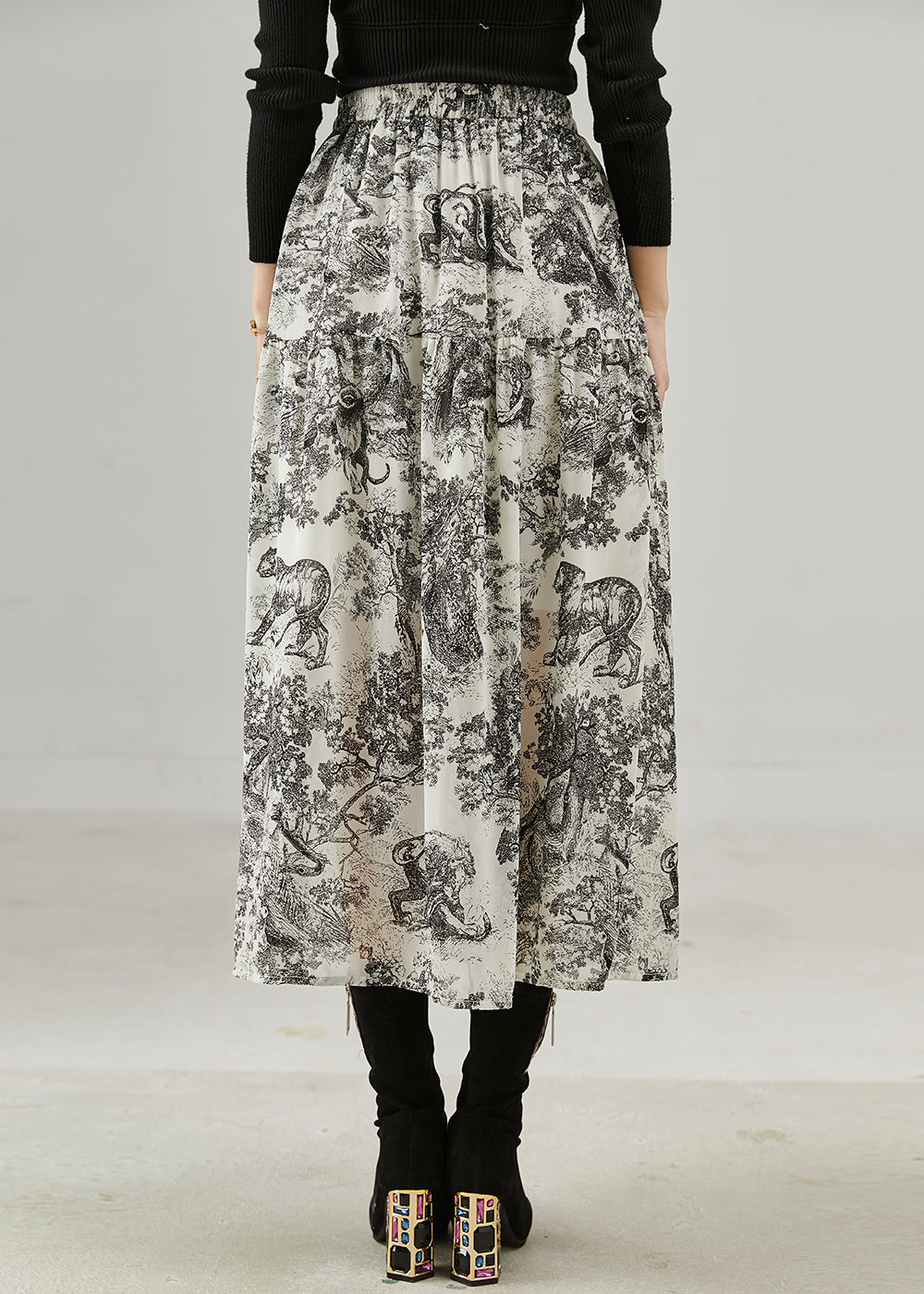 Vintage Black Print Cotton A Line Skirts Spring