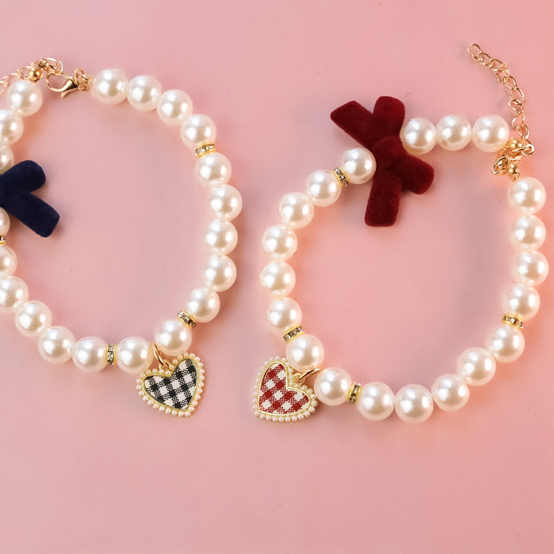 Vintage Plaid Heart Pearl Dog Cat Necklace
