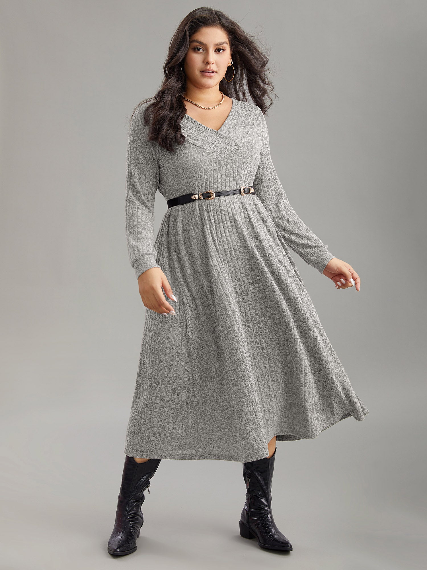 Rib Knit Plain Plisse Long Sleeve Dress