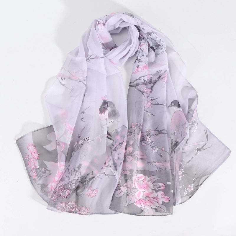 Women's Elegant Minimalist Flower Bird Polyester Printing Silk Scarf
