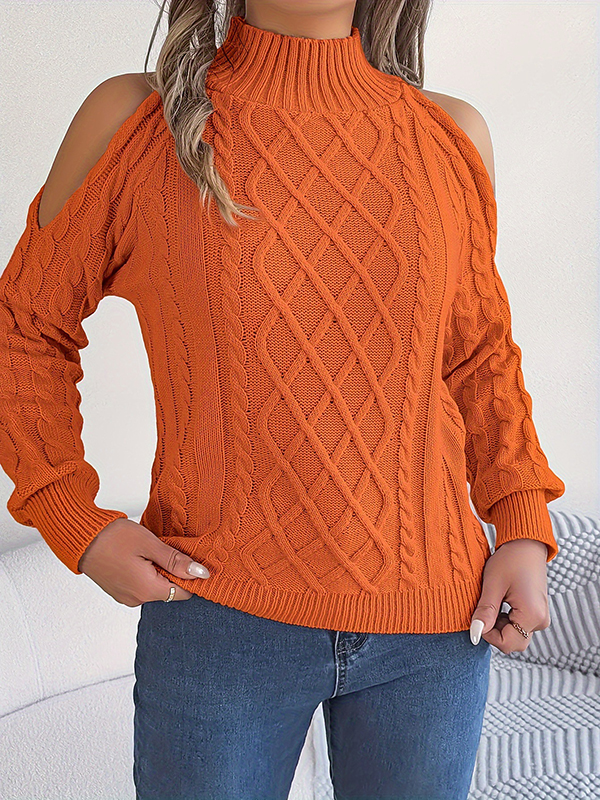 Long Sleeves Loose Hollow Solid Color Cold Shoulder Pullovers Sweater Tops