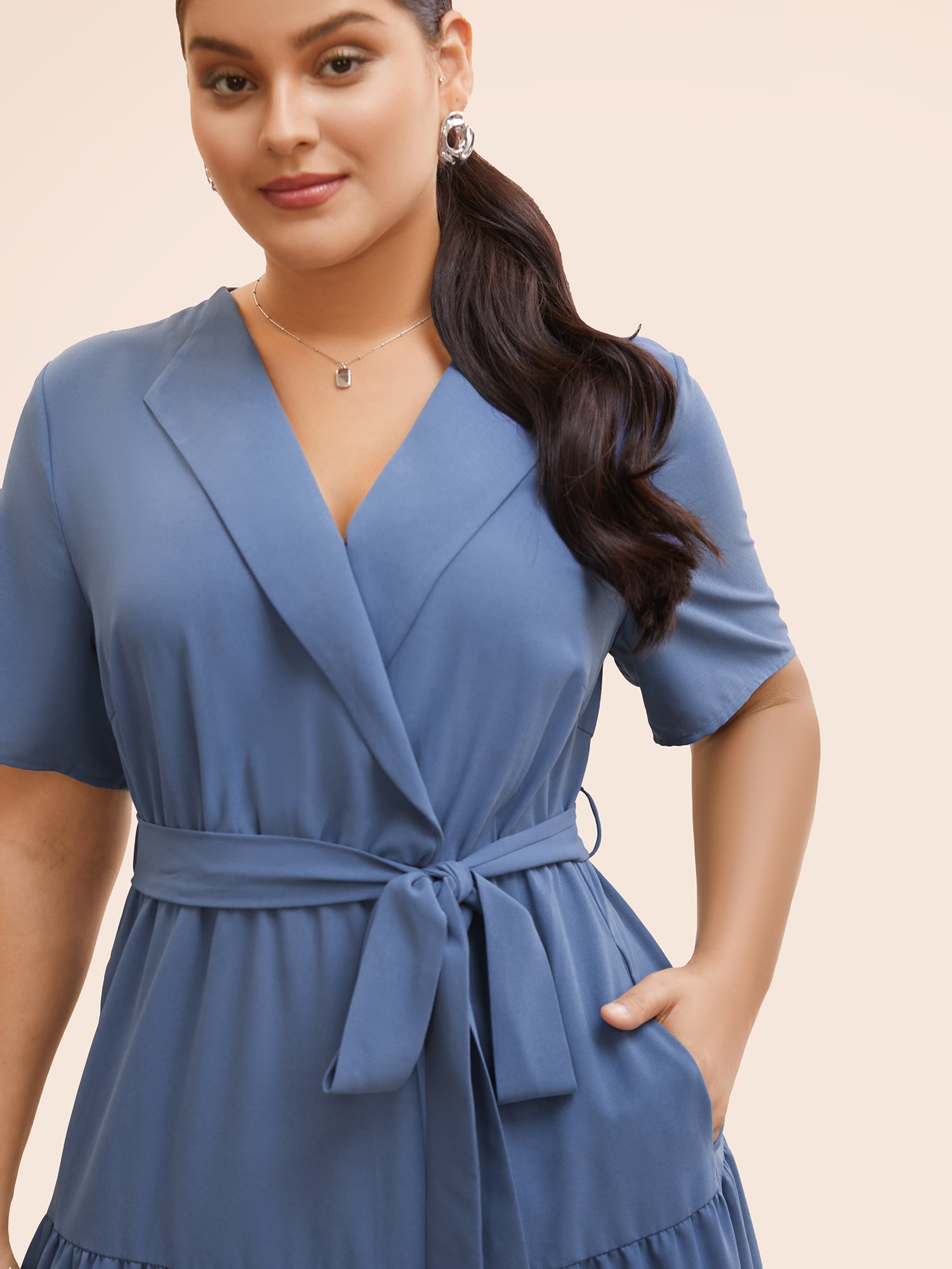 Suit Collar Ruffle Layered Hem Dress