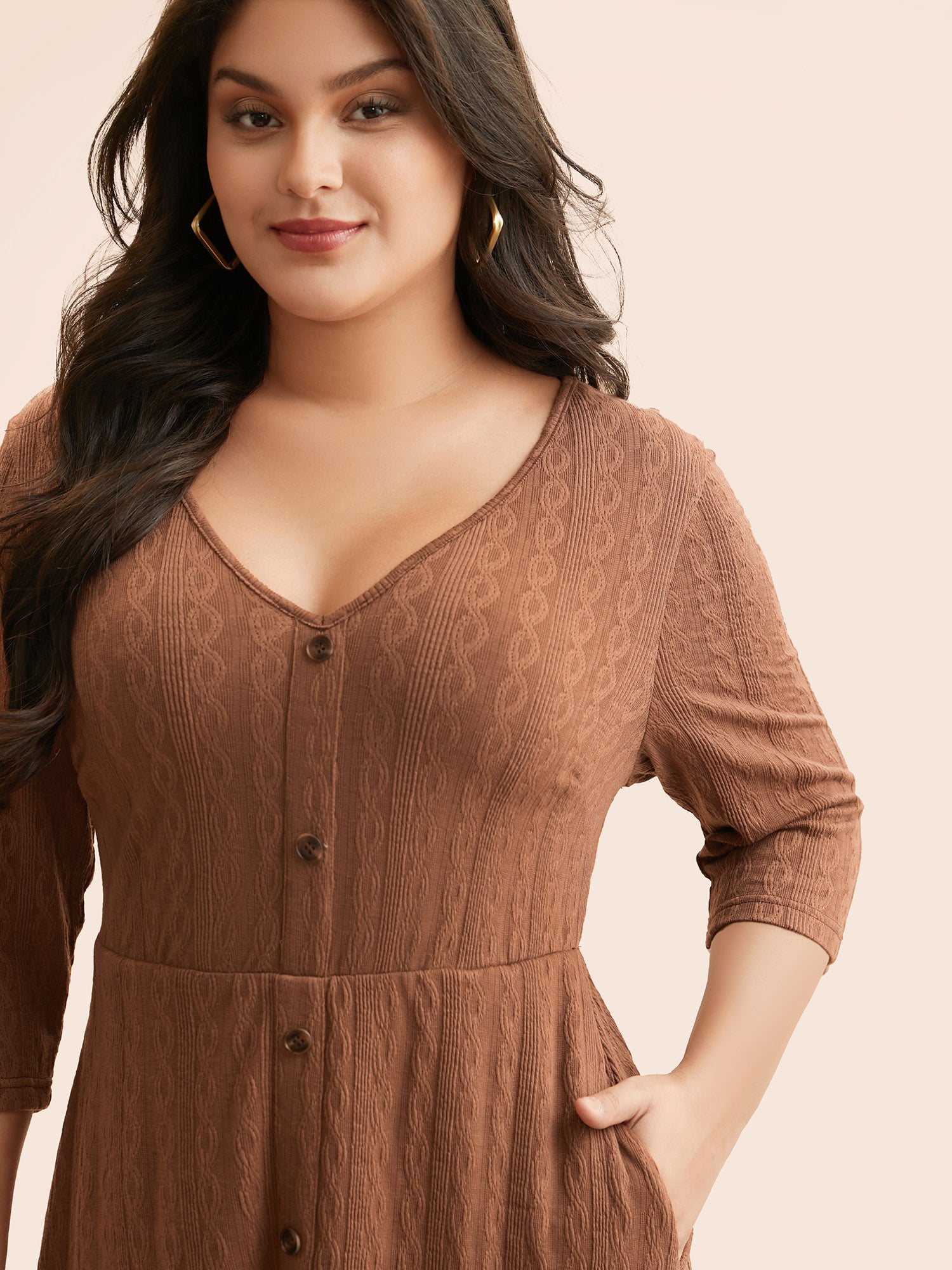 Plain Textured Button Detail Midi Dress