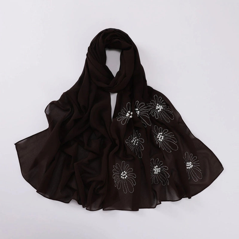 New Flower Hot Drilling Nail Bead Scarf Pearl Chiffon Muslim Scarf Middle East Hui Hijab Long Scarf