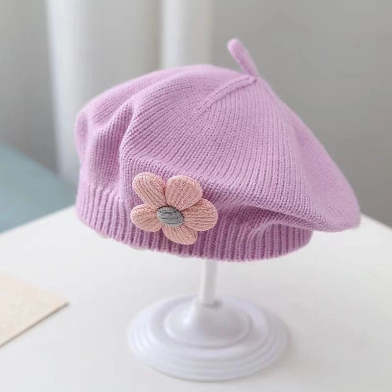 Baby Hat Autumn And Winter Baby Girls' Cute Flower Beret Children's Wool Hat Girls' Knitted Painter Hat Fashion