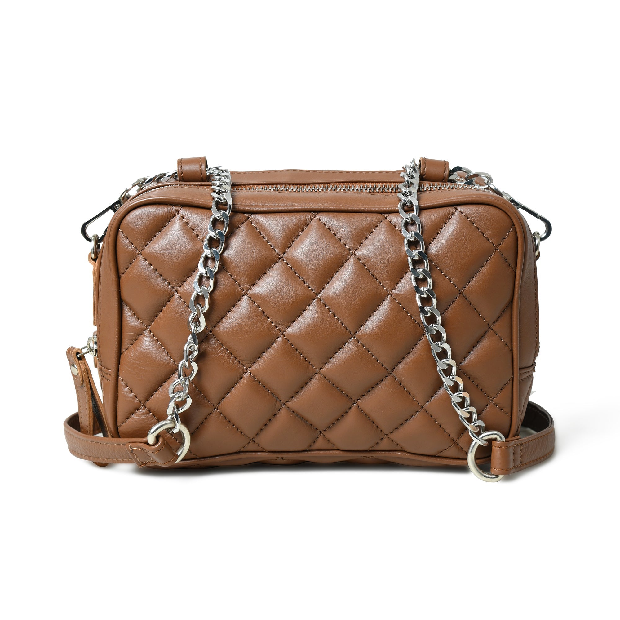Stylish Mini Quilted Crossbody Bag. Rich Brown