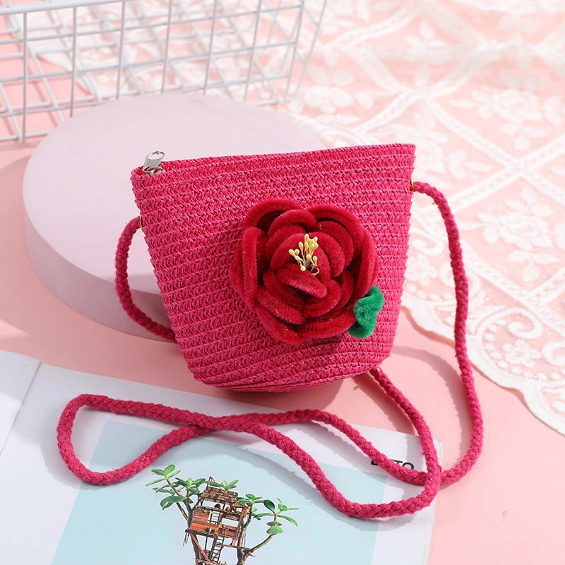 Women's Small Straw Solid Color Flower Vacation Beach Weave Round Zipper Straw Bag