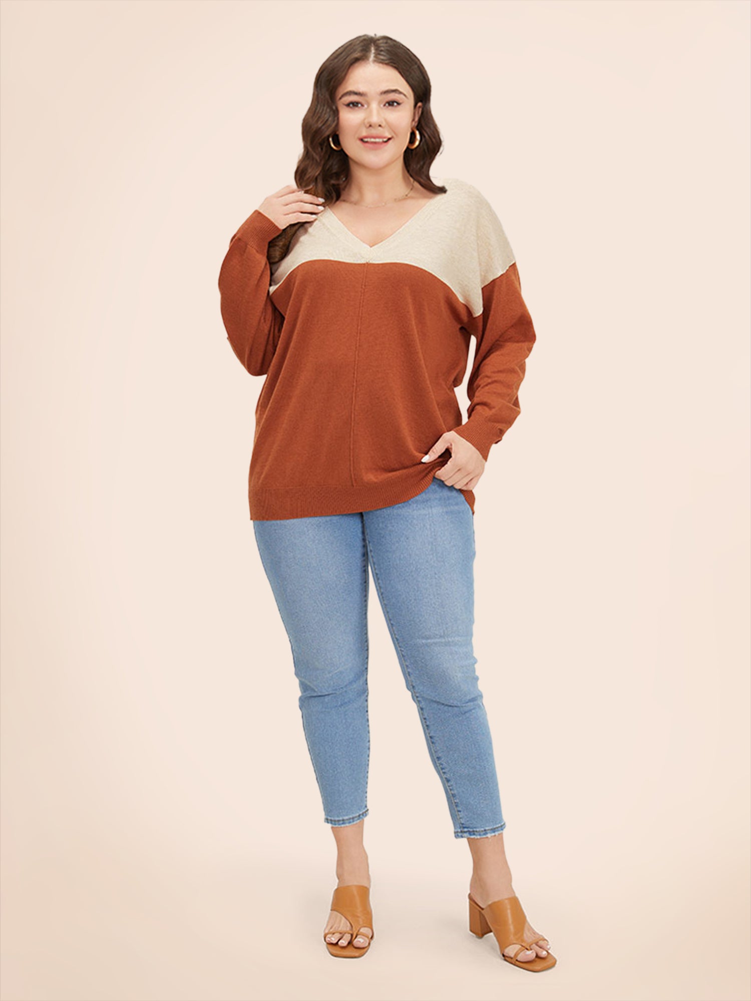 Supersoft Essentials Colorblock Two Tone Patchwork V Neck Pullover