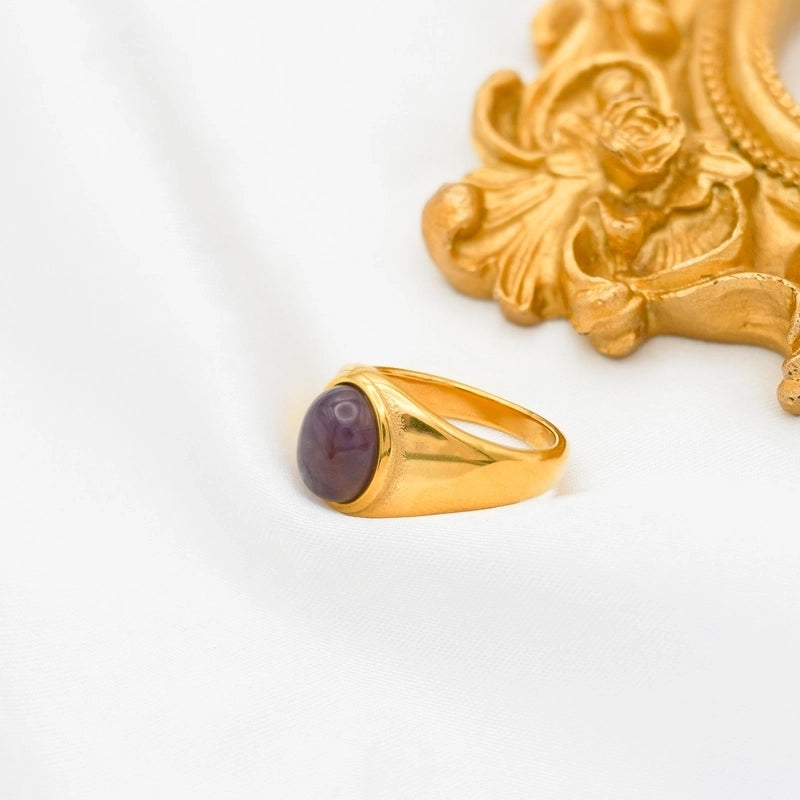 Retro Oval Stainless Steel Plating Inlay Agate 18k Gold Plated Rings