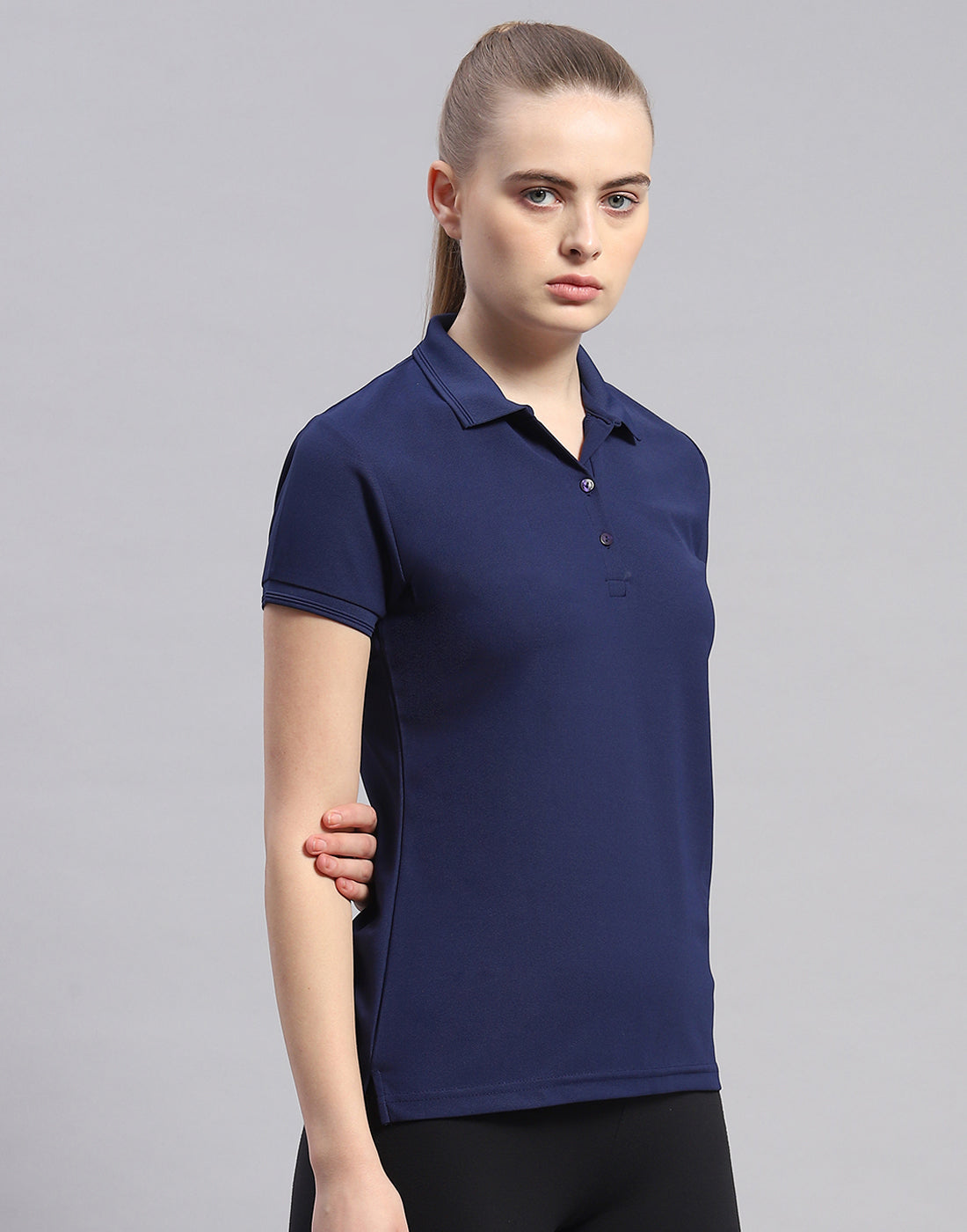 Women Navy Blue Solid Polo Collar Half Sleeve T-Shirt