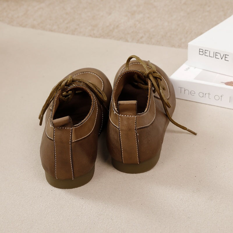 Vintage Big Toe Washed Cowhide Lace-Up Mary Jane Flats Shoes in Camel/Khaki