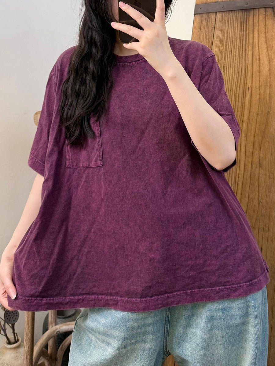 Women Summer Retro Pure Color Cotton O-Neck Shirt