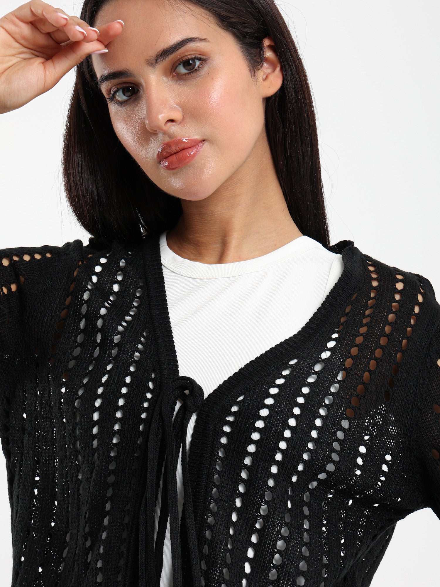 Cropped Openwork Tie-Front Cardigan