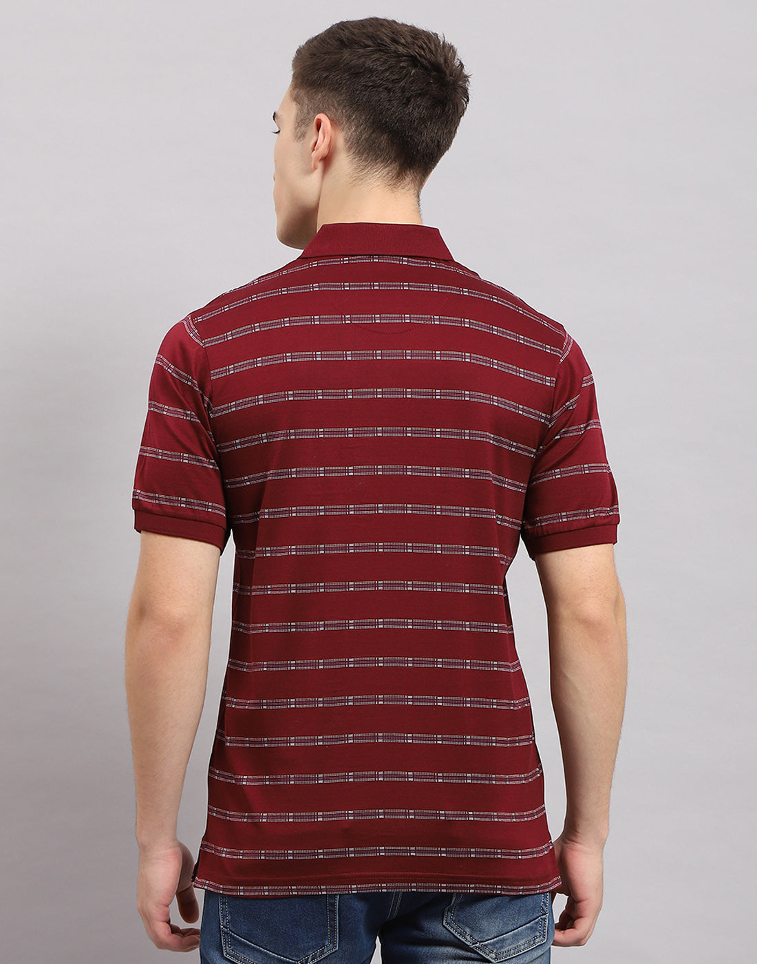 Men Maroon Stripe Polo Collar Half Sleeve T-Shirt