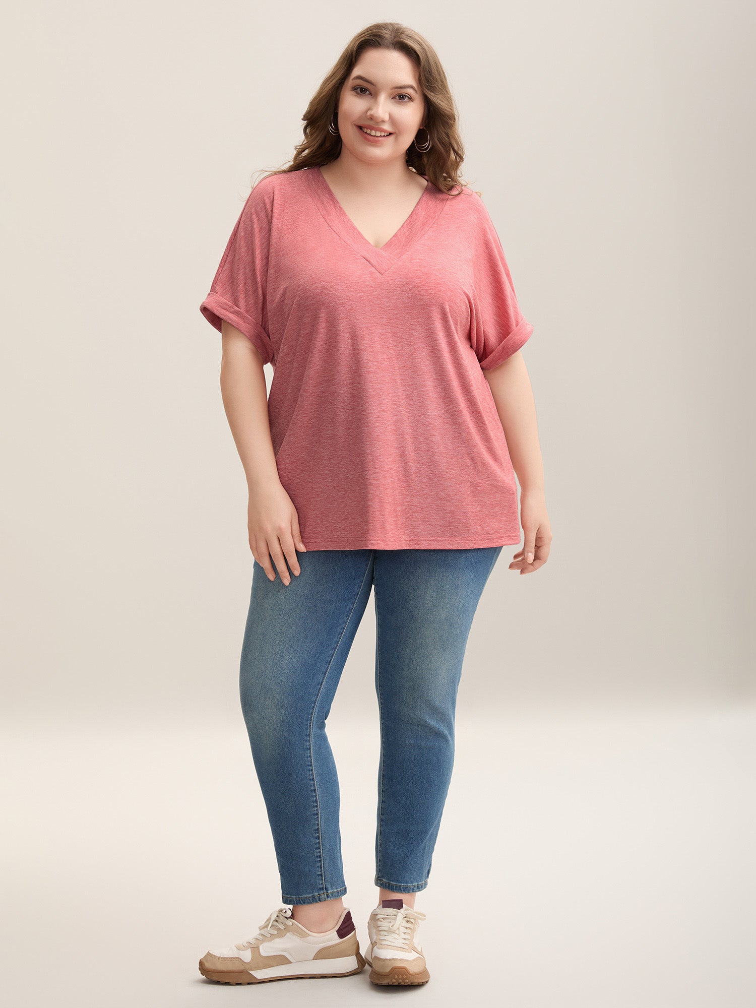 Stretchy Heathered V-Neck Solid T-Shirt
