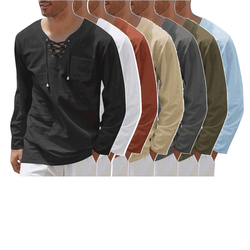 7-pack Woven Cotton And Linen Fashion Casual Lace-up V-neck Long Sleeve Shirt Top
