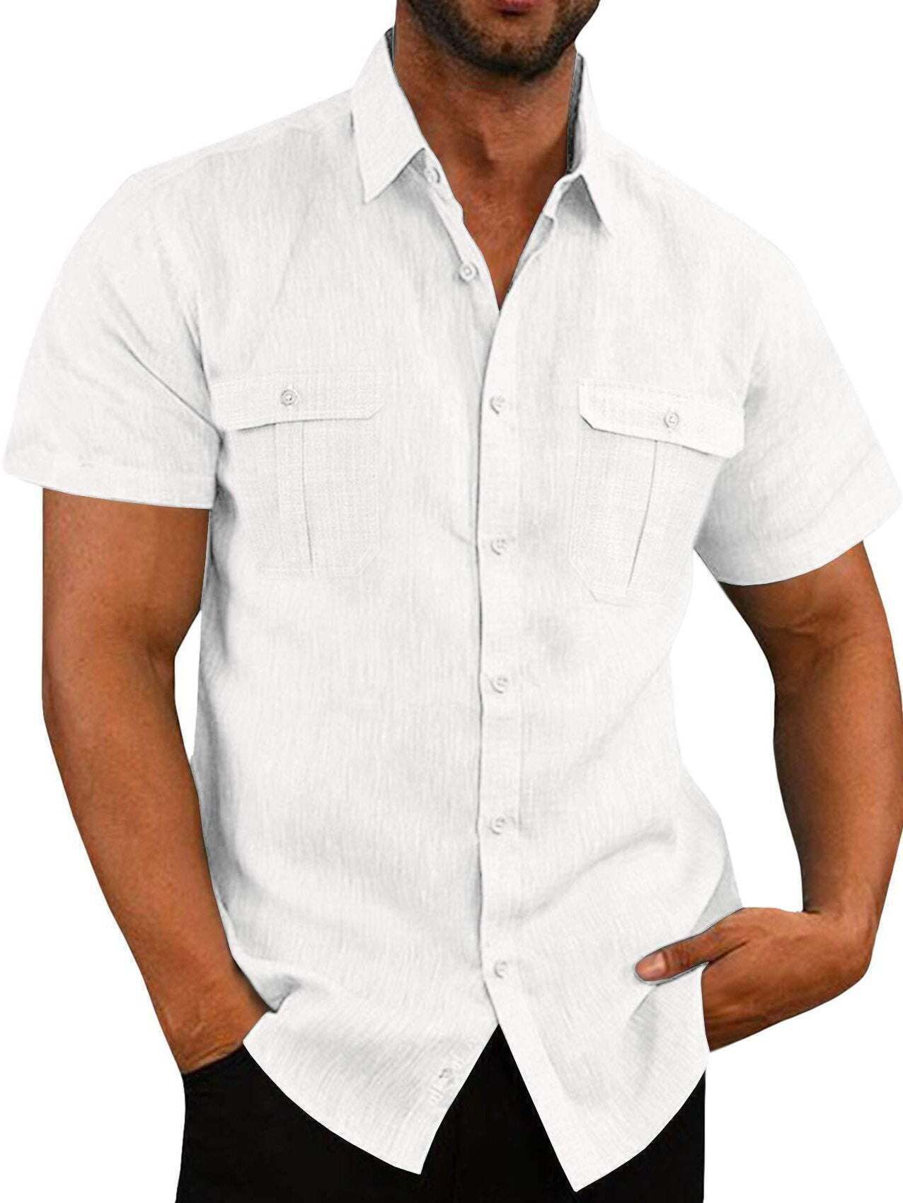 7-Pack Men's Shirts Double Pocket Cotton Linen Short Sleeve Shirts Casual Vacation Shirts