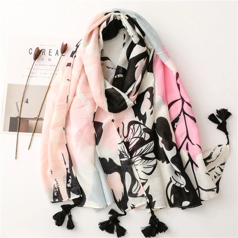 Tropical Plant Flower Printing Cotton And Linen Beach Towel Long Hanging Tassel Shawl
