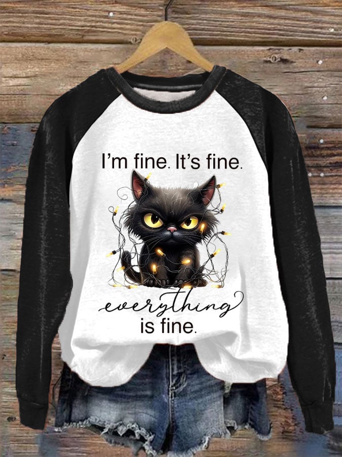 Women's Christmas It's Fine I'm Fine Everything Is Fine Lantern Black Cat Print Sweatshirt