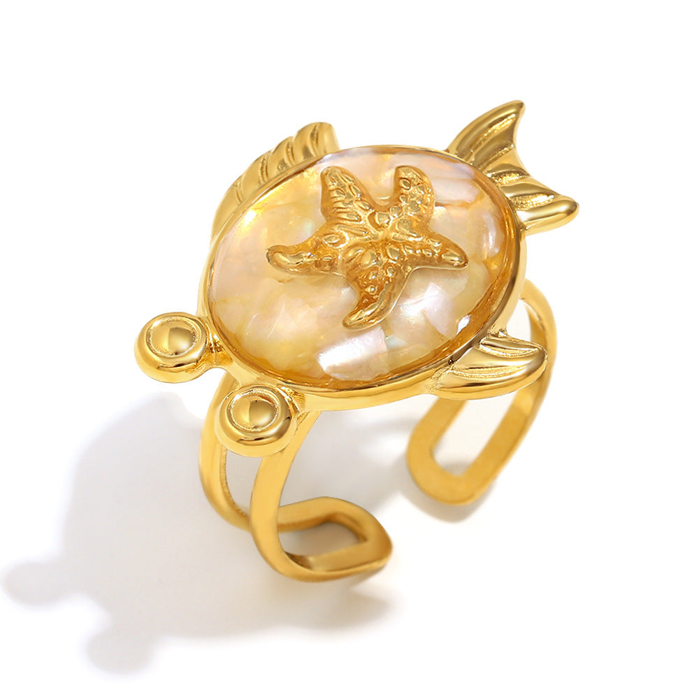 Niche Trend Stainless Steel 18K Gold Plated Cross Line Fishbone Flower Crab Turtle Open Ring