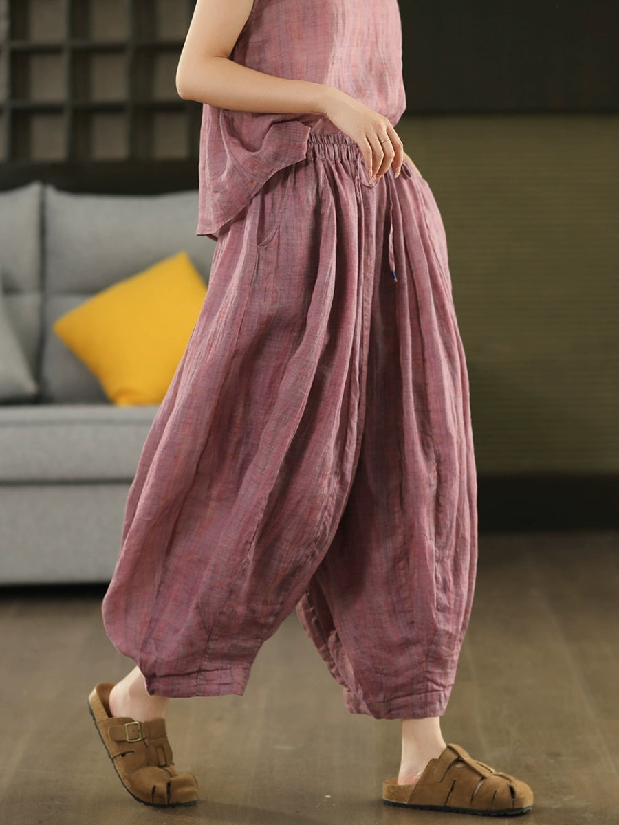 Women Summer Retro Print 100%Ramie Bloomers