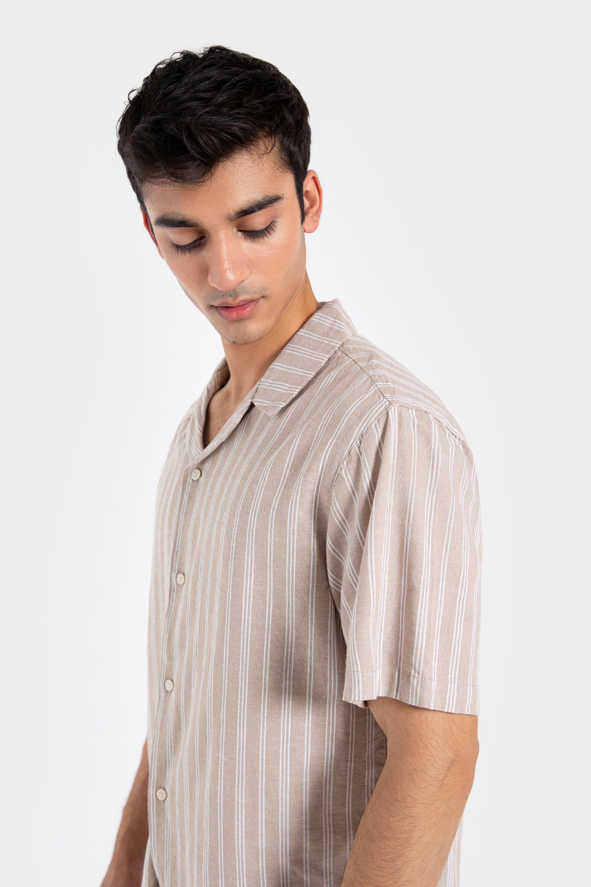 Cotton Linen Striped Resort Collar Shirt