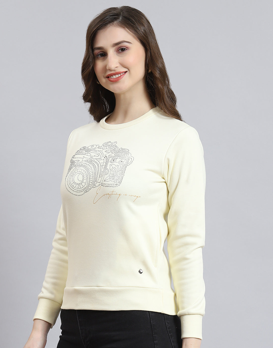 Women Off White Printed Round Neck Full Sleeve Sweatshirt