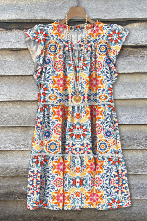 Vintage Boho Print Ruffled Midi Dress