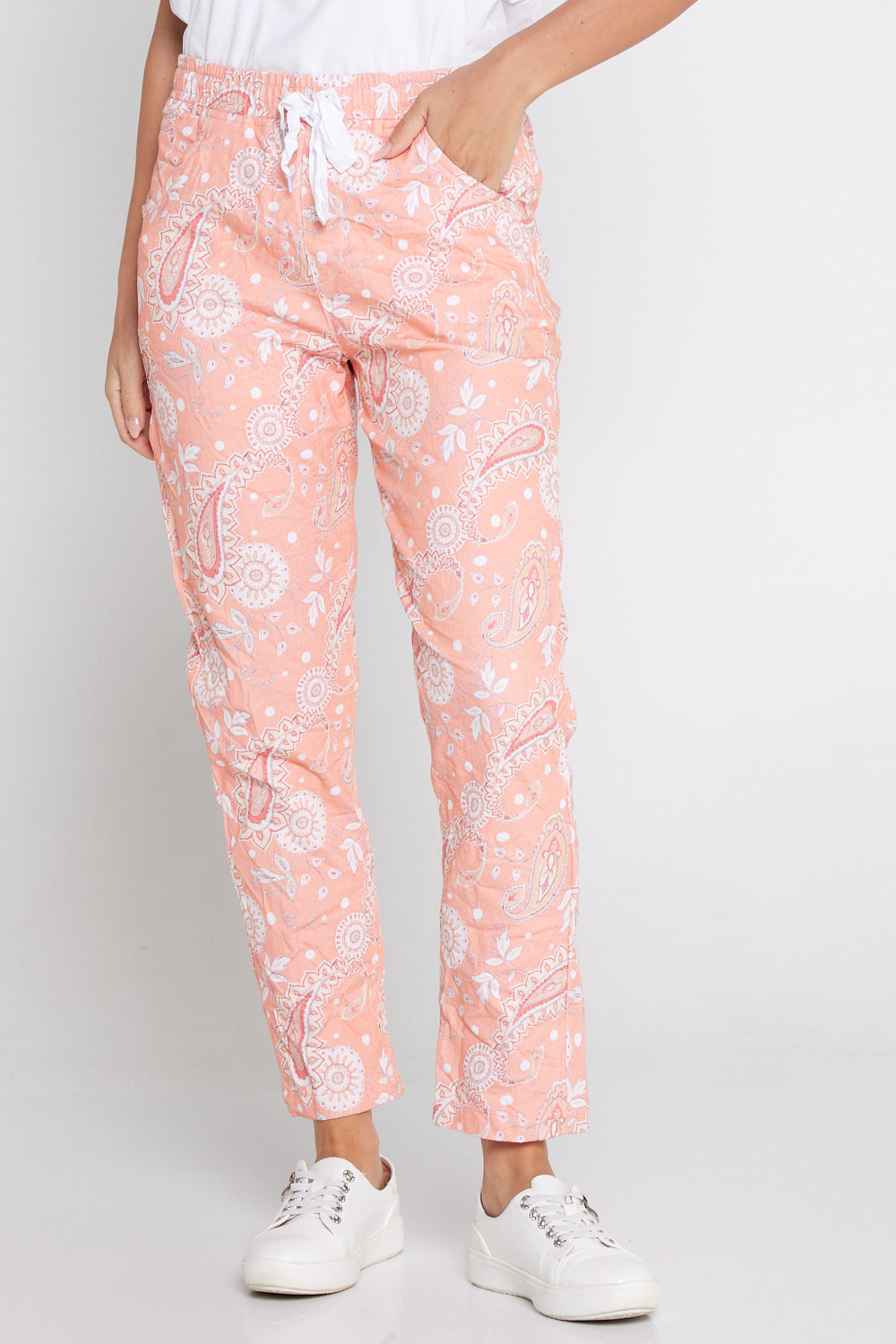 Printed Crushed Drawstring Pants - Peach Paisley