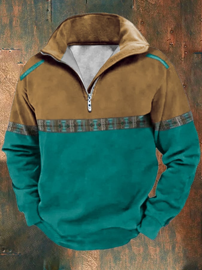 Men's Retro Western Print Lapel Long Sleeve Sweatshirt