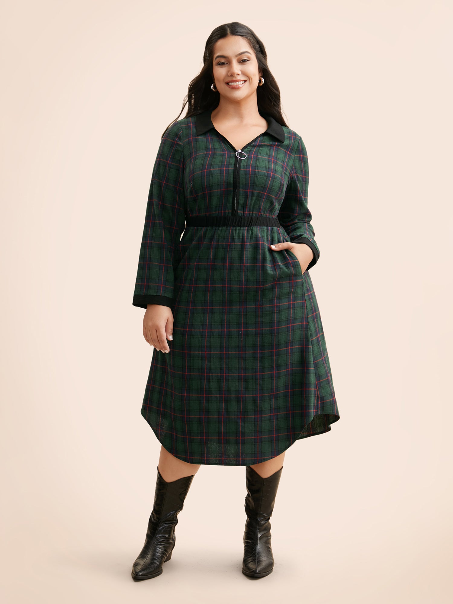 Contrast Plaid O Ring Zipper Dress