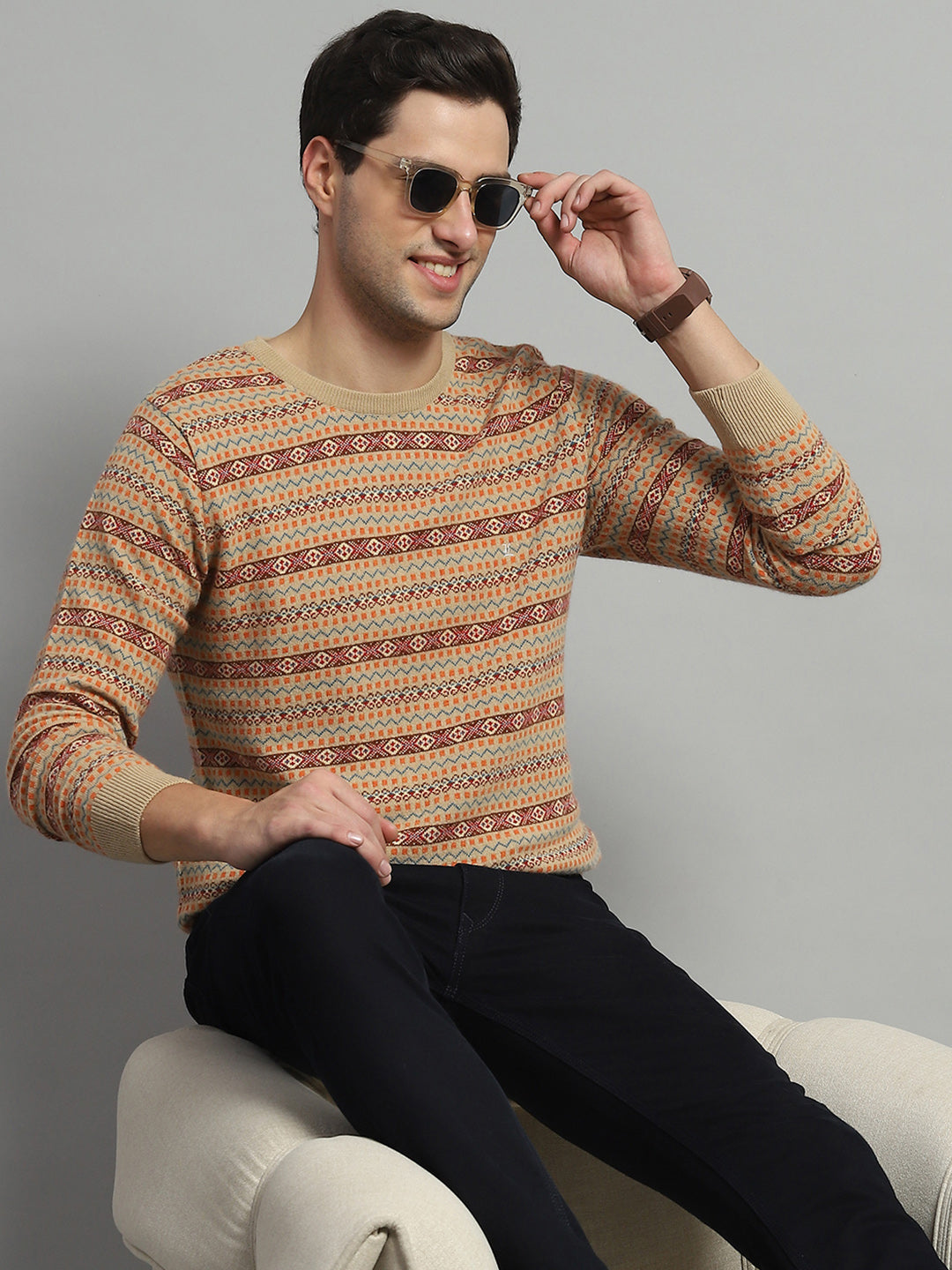 Men Camel Brown Self Design Round Neck Full Sleeve Pullover