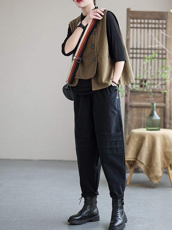 Vintage Asymmetric Solid Color Buttoned Vest Top