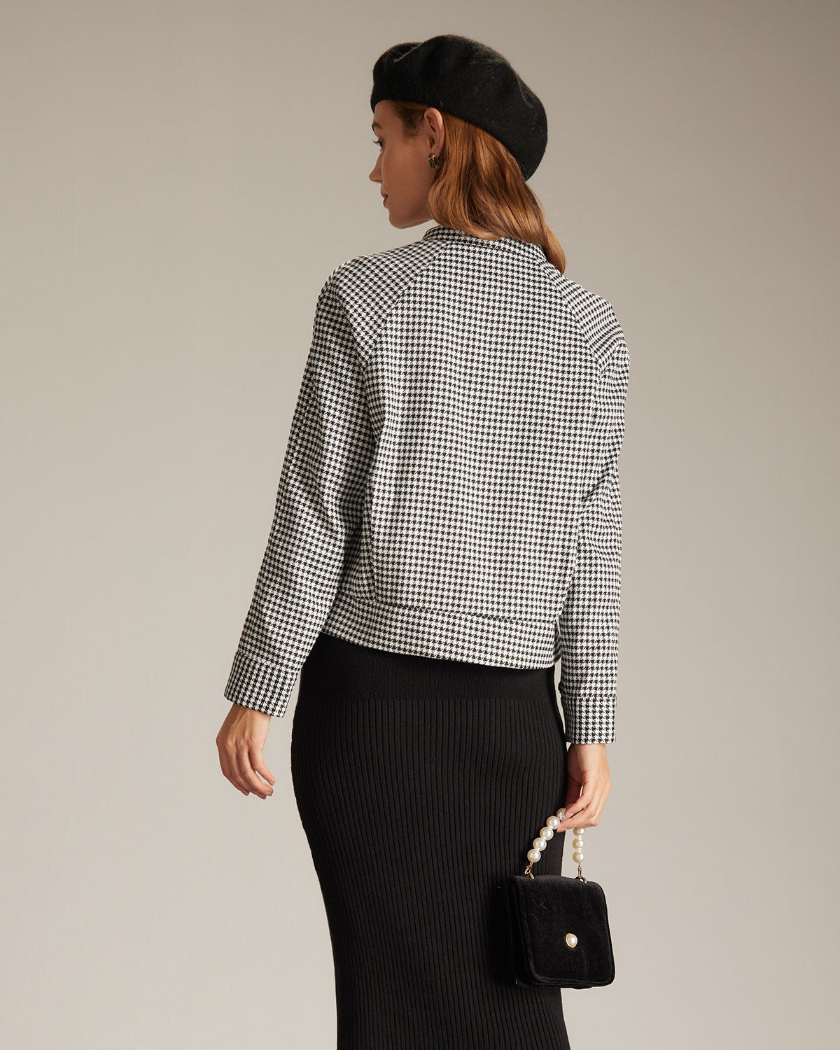 The Black Mock Neck Houndstooth Jacket