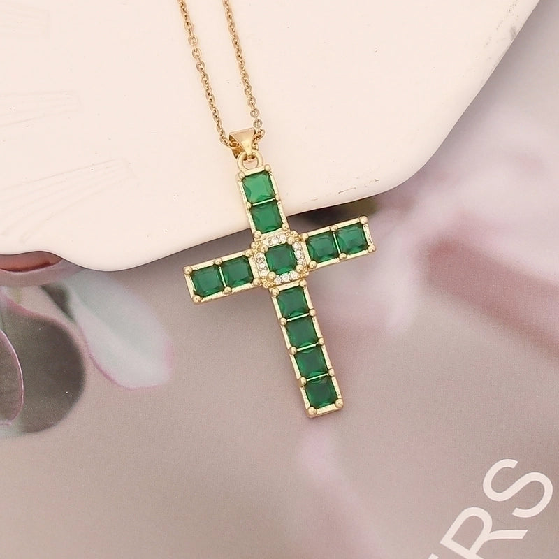 Stainless Steel Copper 18K Gold Plated Fashion Inlay Cross Zircon Pendant Necklace