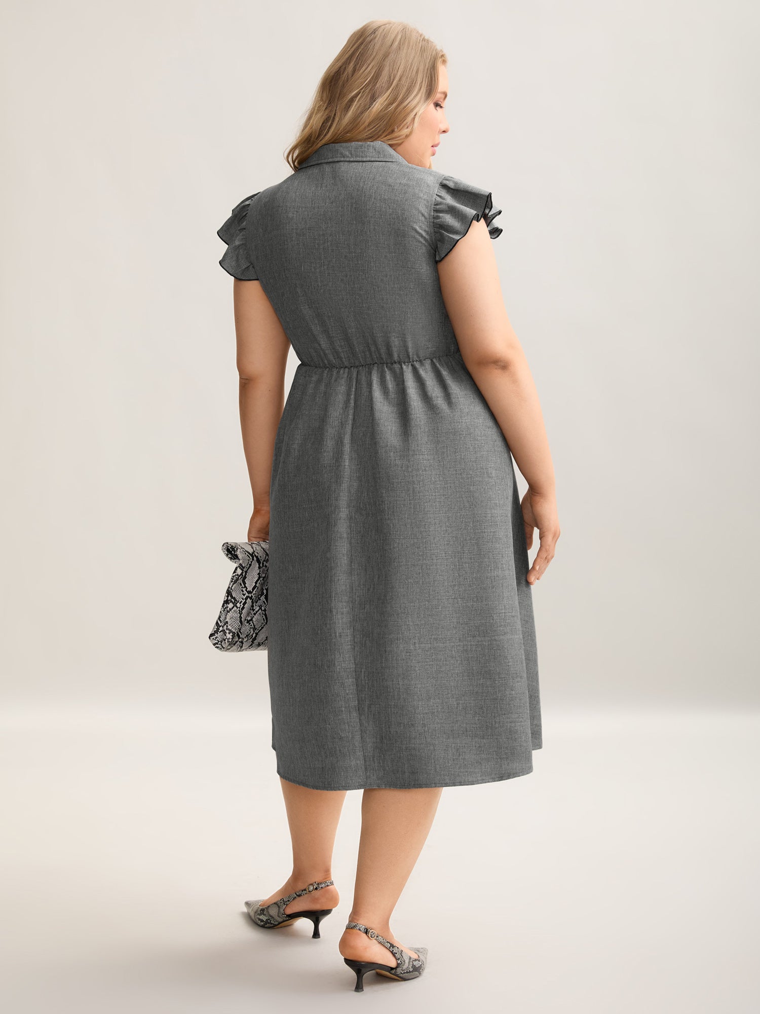 Ruffled Trim Shirt Collar Flared Midi Dress