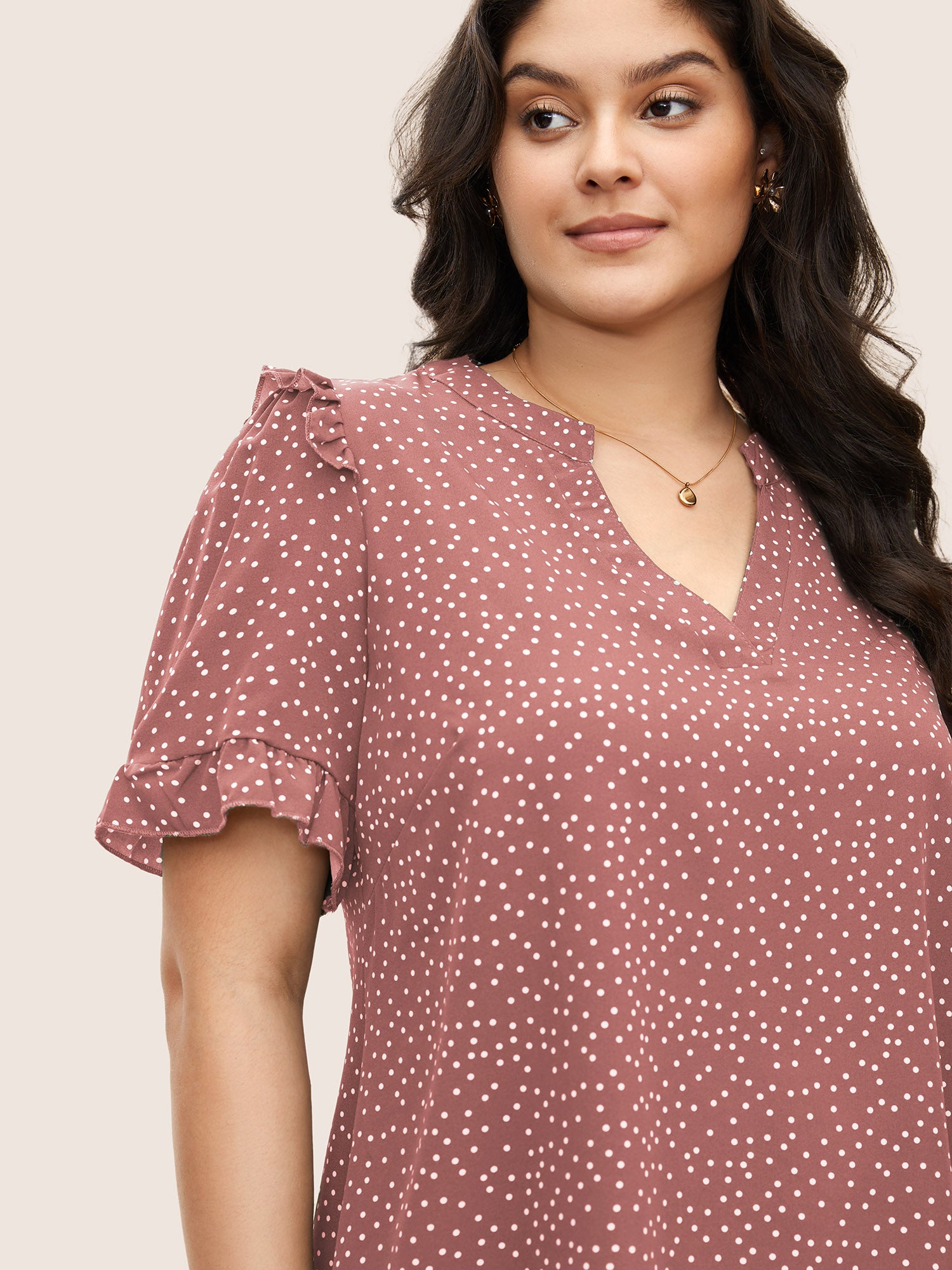Polka Dot V Neck Ruffle Trim Blouse