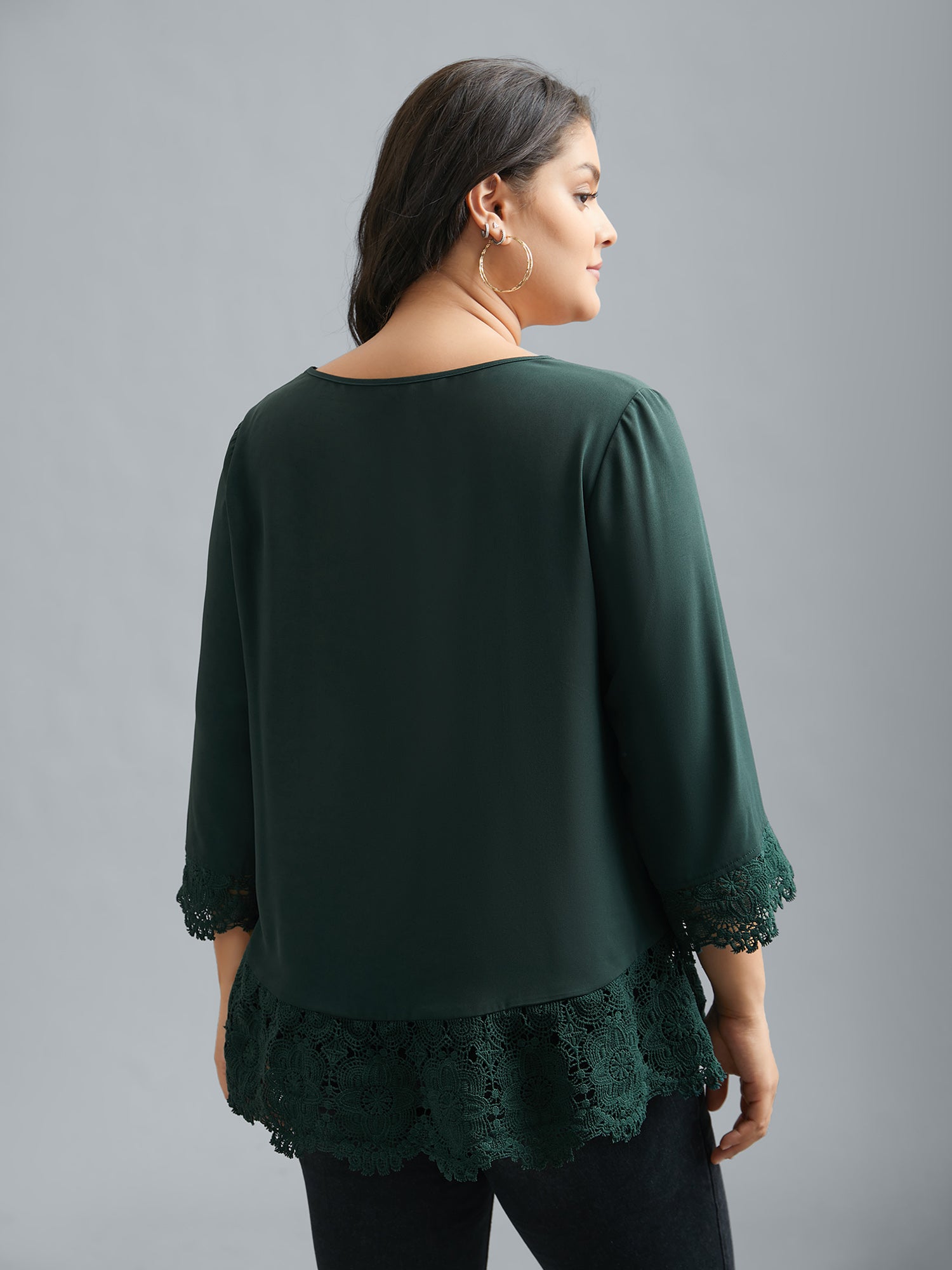 V Neck Plicated Detail Contrast Lace Blouse