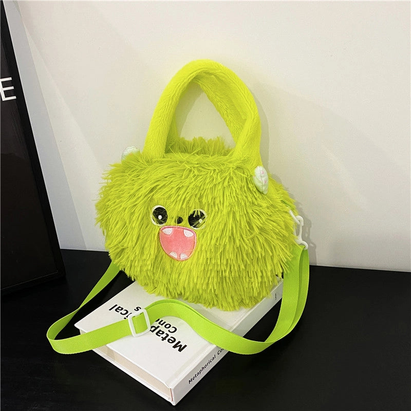 Women's Plush Solid Color Cute Bucket Zipper Handbag