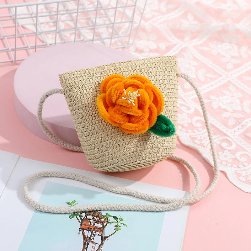 Women's Small Straw Solid Color Flower Vacation Beach Weave Round Zipper Straw Bag