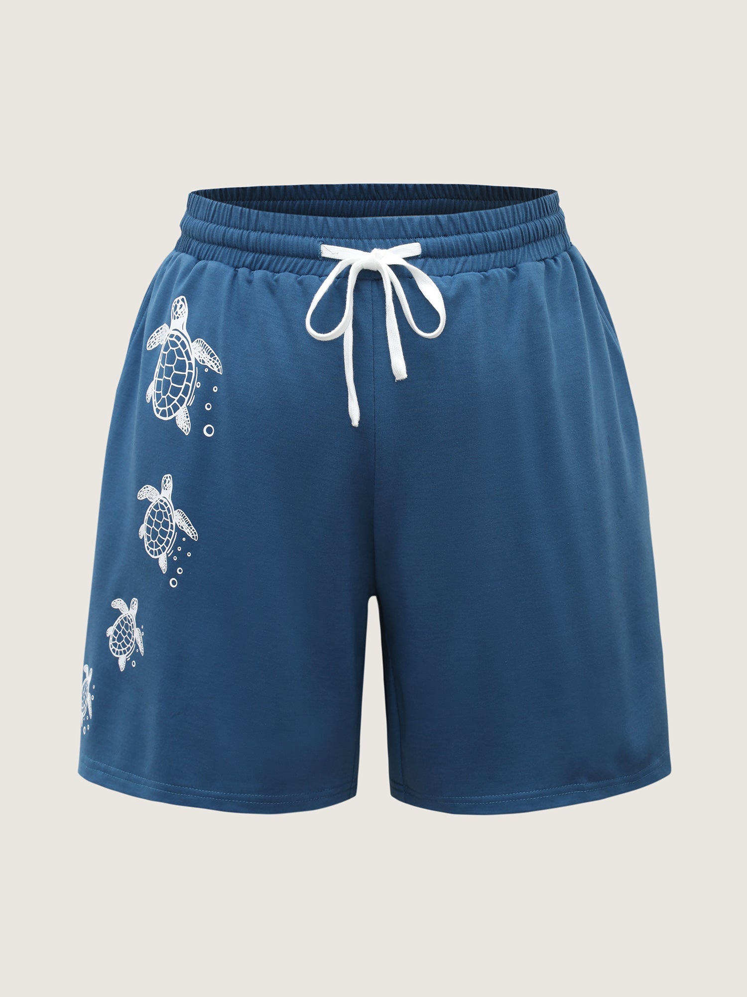 Turtle Print Drawstring Straight-Leg Shorts