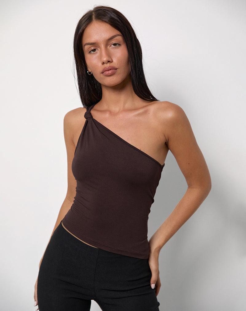 Idra Asymmetric Top in Rayon Jersey Bitter Chocolate