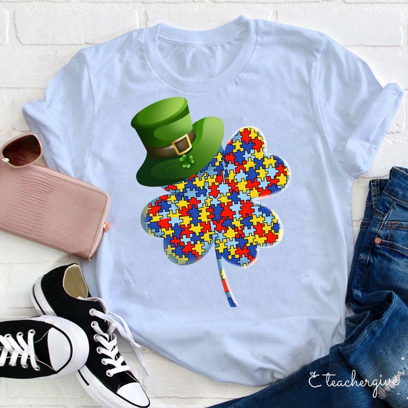 Puzzle Clover Wearing Leprechaun Hat Teacher T-Shirt